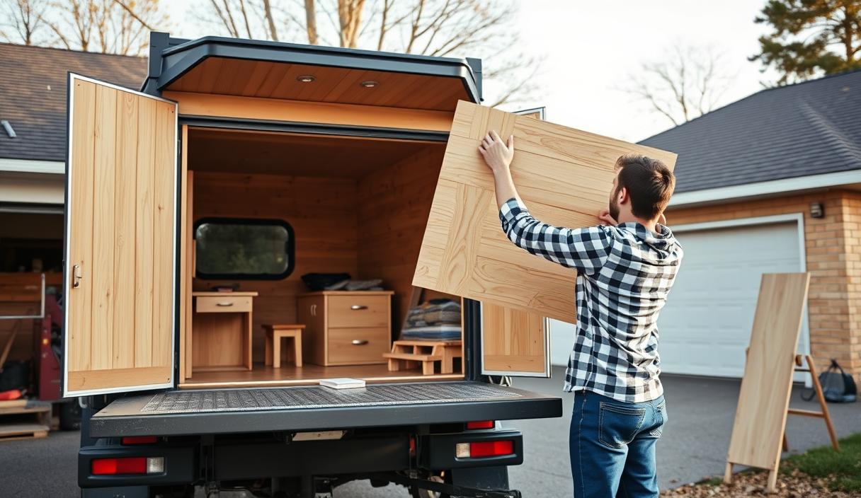 A couple assembling the flat-pack camper in their driveway