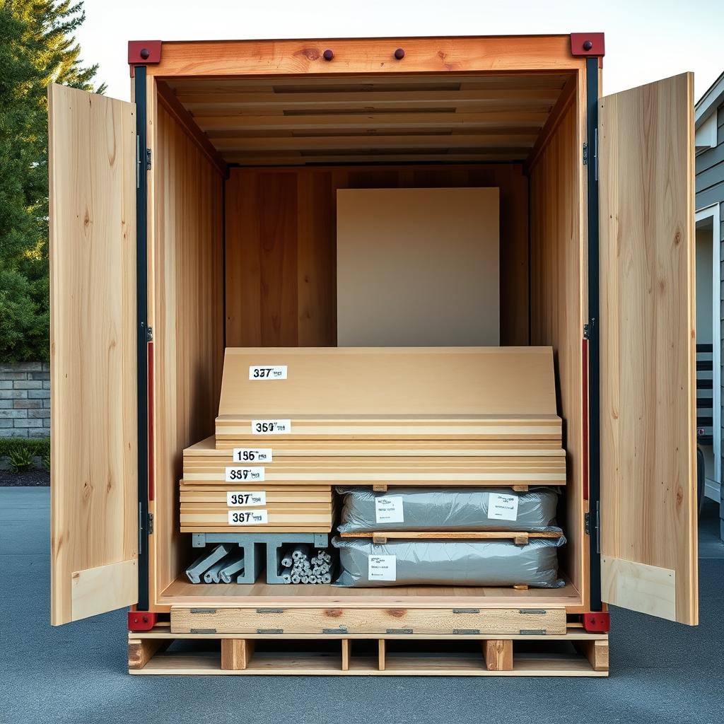 A flat-pack camper kit crate opened in a driveway, numbered composite panels stacked