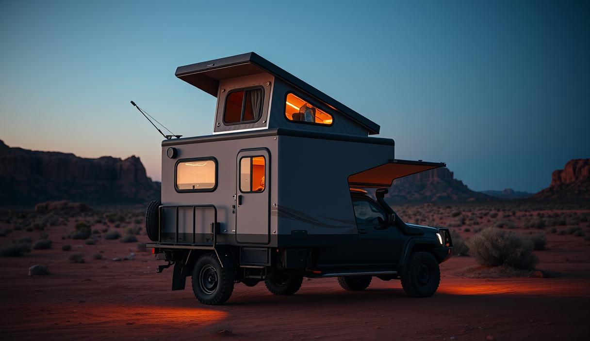 Ozimoto Overland flat-pack camper pod in the Australian outback at twilight, pop-top up, LED glow